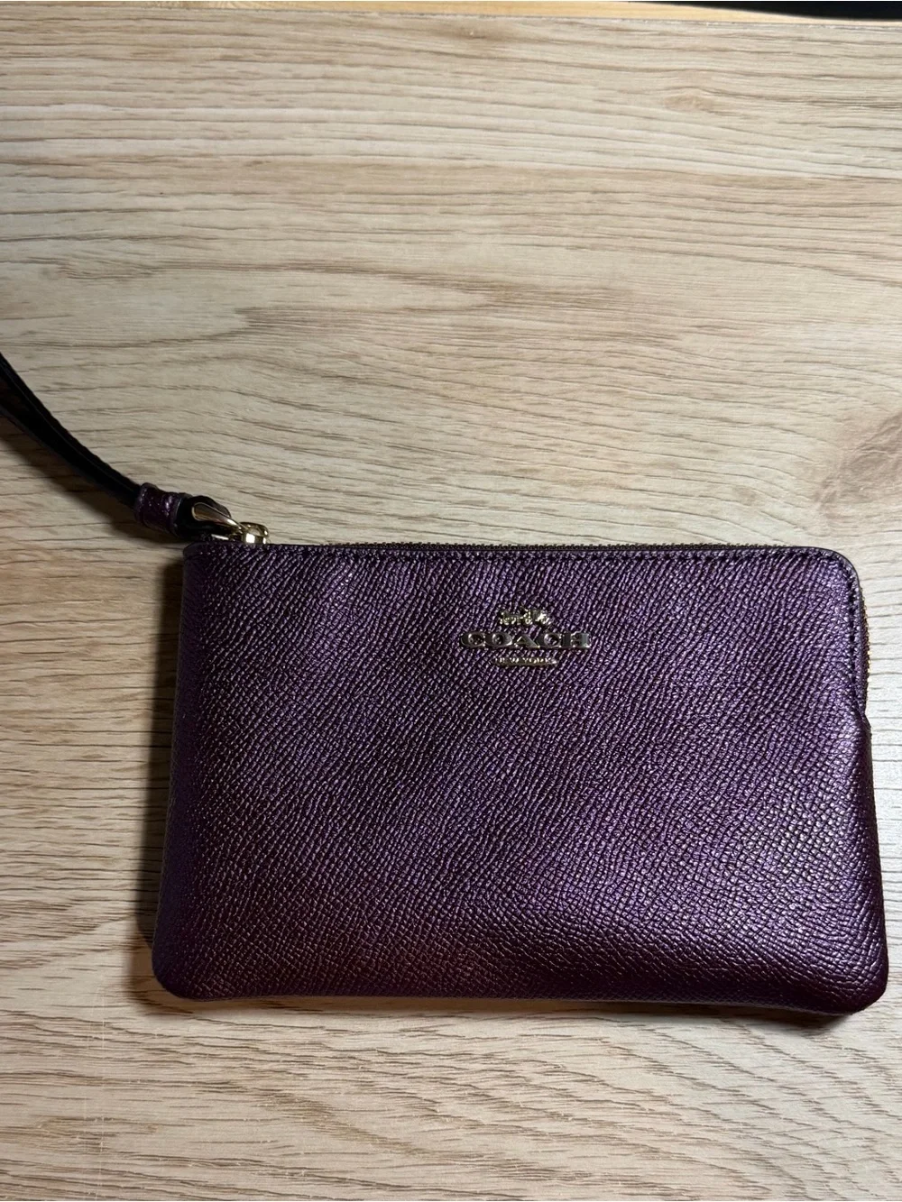 Coach Plum Metallic Leather Wristlet with Gold Hardware